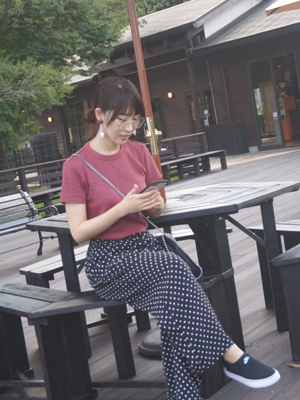 「ラクチンコーデ、プチプラ、秋、ユニクロ」｜「UNIQLOのアイテム（トップス、レッド系）」を使った、sakipiさん（レディース・158cm）の秋コーディネートの1枚目の写真
