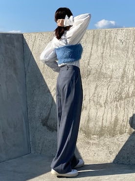 「アイテム（チューブトップ、ブルー系）」を使った、Aさん（レディース・159cm）の春コーディネート