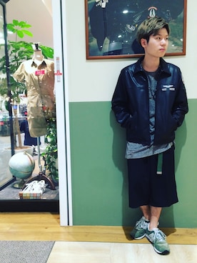 「ハーフパンツ」｜「アイテム（ライダースジャケット）」を使った、takuroさん（メンズ・163cm）の夏コーディネート