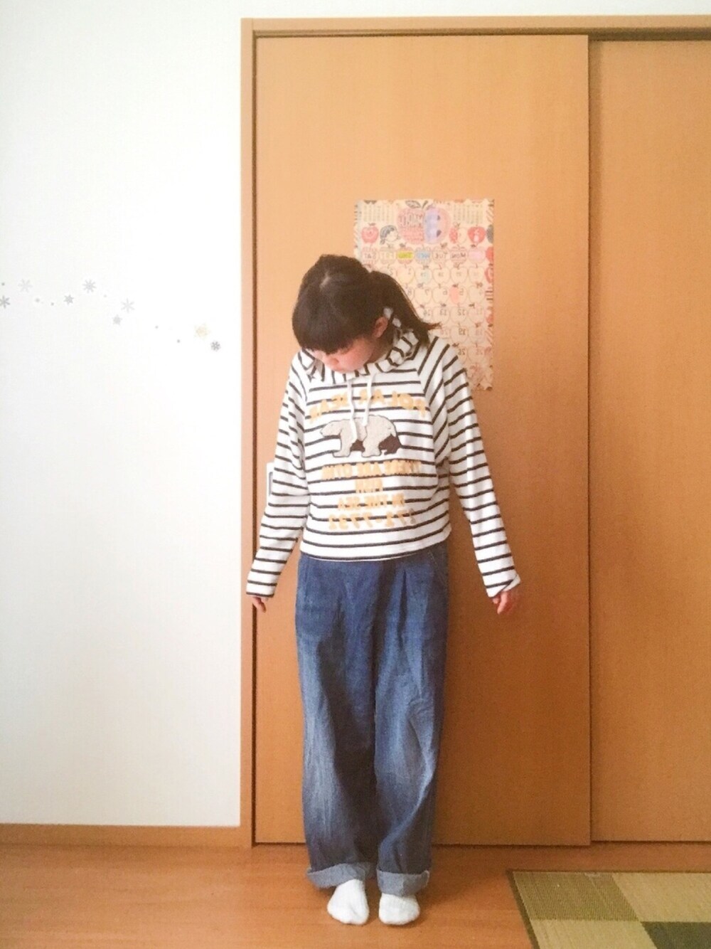 「ホッキョクグマ、ボーダー、おしゃれさんと繋がりたい」｜「わからんのアイテム（パーカー、ホワイト系）」を使った、きいろいみみずさん（レディース・149cm）の冬コーディネートの1枚目の写真
