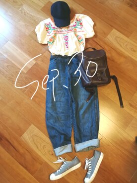 「UU（ユニクロ　アンダーカバー）のアイテム（パンツ）」を使った、みどりいろのたねさん（レディース・157cm）の秋コーディネート