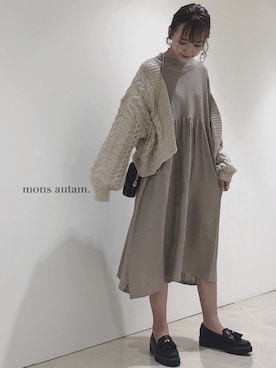 「ケーブルカーディガン」｜「アイテム（ワンピース/ドレス）」を使った、mayuさん（レディース・160cm）の秋コーディネート