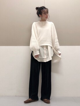 「earth music&ecology（アースミュージックアンドエコロジー）の選べるリブパンツ(サテン)　＊（その他パンツ）」を使った、mayuさん（レディース・160cm）の冬コーディネート