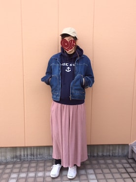 「BLUE BLUE（ブルーブルー）のアイテム（パーカー）」を使った、ma_a©︎coさん（レディース・167cm）の春コーディネート