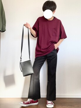 「anown（アノン）のWリングジップポンチビッグT【ファッションインフルエンサー KEI×anown 限定コラボ】（Tシャツ/カットソー、レッド系）」を使った、rくんさん（メンズ・170cm）の春コーディネート
