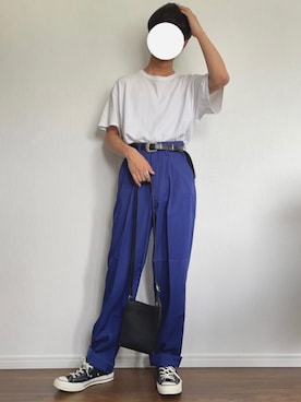 「古着のアイテム（スラックス、ブルー系）」を使った、rくんさん（メンズ・170cm）の春コーディネート