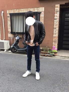 「A.P.C.」｜「アイテム（ライダースジャケット）」を使った、けんたろうさん（メンズ・172cm）の春コーディネート