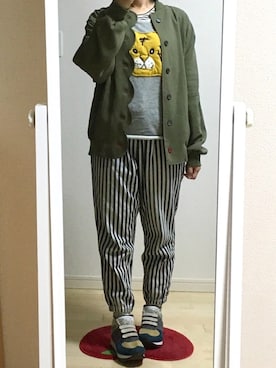 「ヒッコリーパンツ」｜「アイテム（ブルゾン）」を使った、わさびさん（レディース・156cm）の春コーディネート