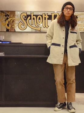 「schott（ショット）のアイテム（ステンカラーコート）」を使った、Renさん（メンズ・176cm）の冬コーディネート