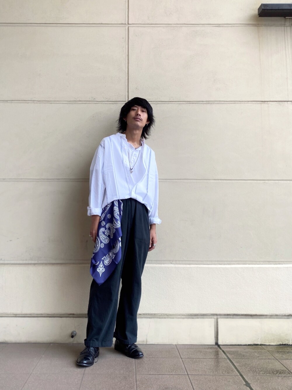 「シンプルコーデ、大人カジュアル、おしゃれさんと繋がりたい、大人コーデ、きれいめカジュアル、ワイドパンツ、ファッションの力を信じよう、HAVERSACK、SCHOTT、Schott TOKYO-BAY」｜「HAVERSACKのHAVERSACK(ハバーサック) stripe big shirt /ストライプビッグシャツ（シャツ/ブラウス、ホワイト系）」を使った、Renさん（メンズ・176cm）の夏コーディネートの1枚目の写真