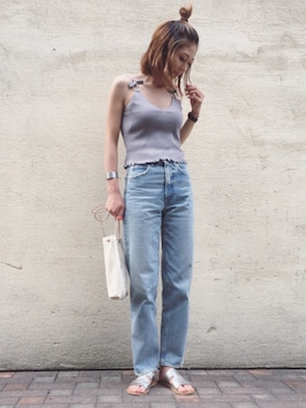 「MOUSSY（マウジー）のMV JW Tapered（デニムパンツ）」を使った、manaさん（レディース・156cm）の夏コーディネート