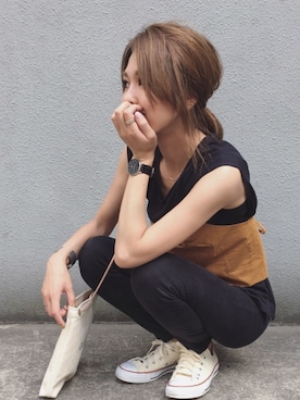 「Another Edition（アナザーエディション）のロゴキャンバスミニショルダーバッグⅡ（ショルダーバッグ）」を使った、manaさん（レディース・156cm）の夏コーディネート