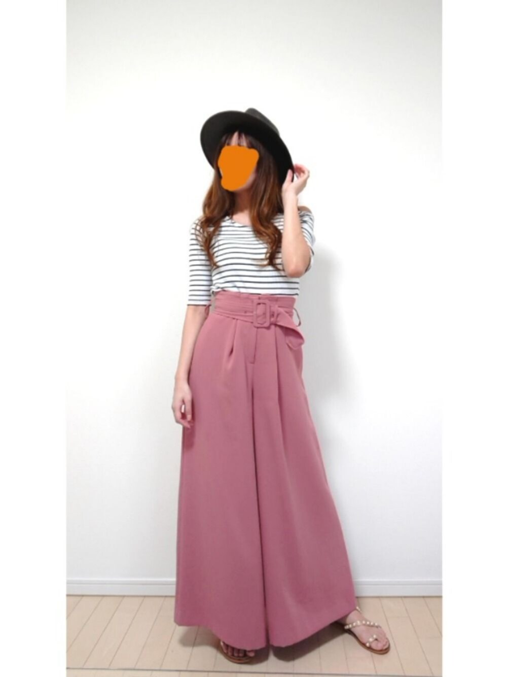 「楽チンコーデ、オトナカジュアル、シンプル、ワイドパンツ、ピンク、ハット、ボーダー、ボーダートップス、ootd、オトナ女子」｜「eimy istoireのベルト付ワイドパンツ（その他パンツ、ピンク系）」を使った、cococo...♥さん（レディース・160cm）の夏コーディネートの1枚目の写真
