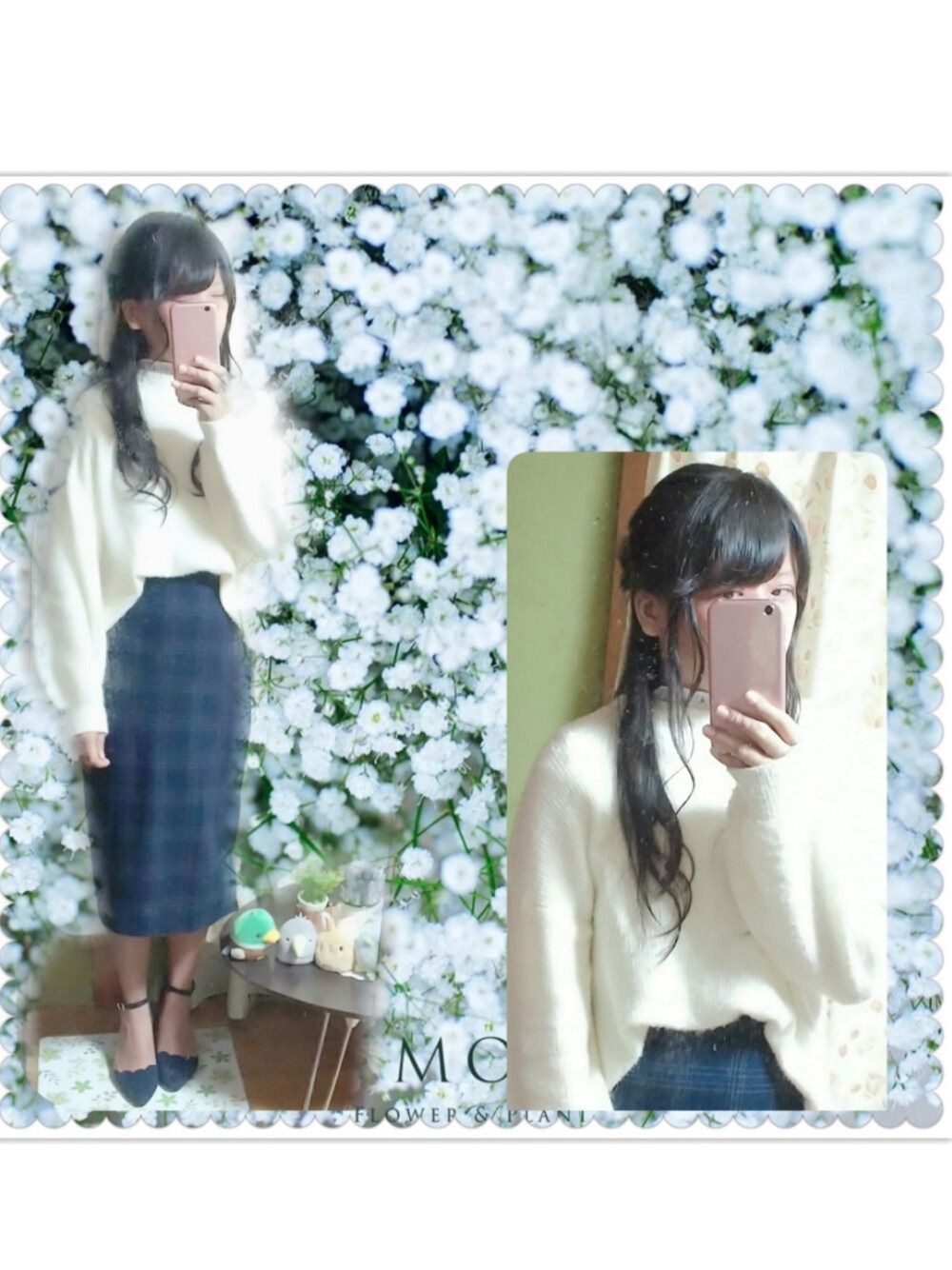 ホワイト系のニット/セーター、ブルー系のスカート、ブルー系のパンプスを着用したレディースの秋コーディネートの1枚目の写真