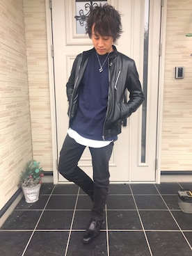 「Confirm（コンファーム）のアイテム（ライダースジャケット）」を使った、ゆうやさん（メンズ・168cm）の秋コーディネート