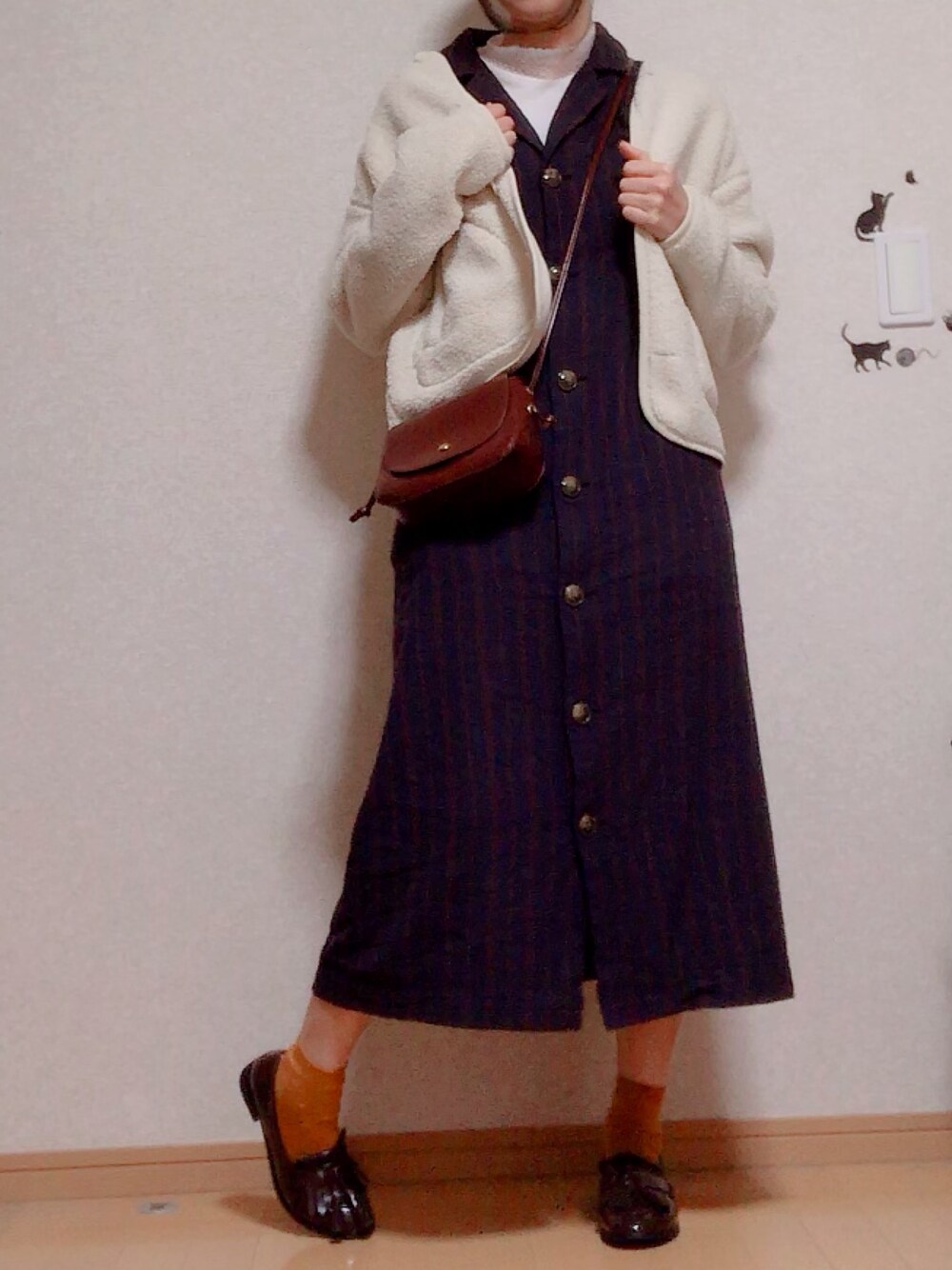「Bleu Bleuetのアイテム（ワンピース/ドレス、ブルー系）」を使った、はるかすさん（レディース・160cm）の秋コーディネートの1枚目の写真