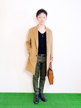 「EDIFICE（エディフィス）のアイテム（チェスターコート）」を使った、Hamakeiさん（メンズ・167cm）の冬コーディネート
