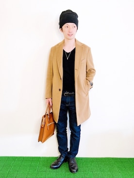 「EDIFICE（エディフィス）のアイテム（チェスターコート）」を使った、Hamakeiさん（メンズ・167cm）の冬コーディネート