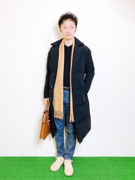 「カシミヤマフラー」｜「アイテム（ダウンジャケット/コート）」を使った、Hamakeiさん（メンズ・167cm）の冬コーディネート