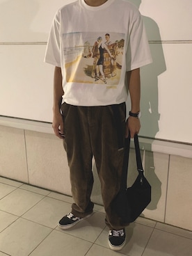 「PENDLETON（ペンドルトン）の【PENDLETON別注】VINTAGE POSTER アートプリントビックシルエットTシャツ(2)（Tシャツ/カットソー、ホワイト系）」を使った、Ryoさん（メンズ・170cm）の春コーディネート