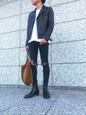 「Saint Laurent」｜「アイテム（ライダースジャケット）」を使った、KEY🗝さん（メンズ・170cm）の秋コーディネート