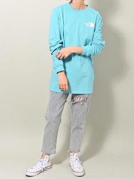 「THE NORTH FACE（ザノースフェイス）のアイテム（Tシャツ/カットソー）」を使った、ROCKSTE【公式アカウント】さん（レディース・166cm）の春コーディネート