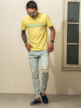 「スリッパ」｜「アイテム（スリッポン）」を使った、jokerスタッフさん（メンズ・180cm）の夏コーディネート