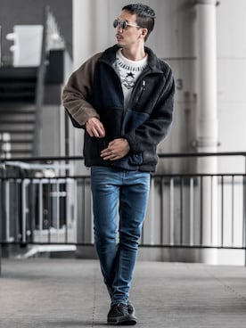 「サングラス」｜「アイテム（ムートンコート）」を使った、jokerスタッフさん（メンズ・180cm）の秋コーディネート