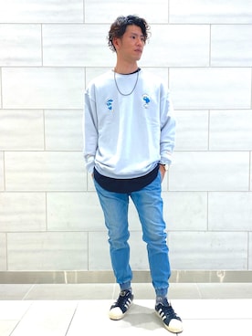 「JUNRED（ジュンレッド）のアイテム（スウェット）」を使った、ゆーたさん（メンズ・176cm）の春コーディネート