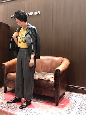 「マスタード」｜「アイテム（ライダースジャケット）」を使った、kono.さん（レディース・165cm）の秋コーディネート
