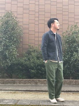 「ノーカラーシャツ」｜「アイテム（カバーオール）」を使った、enomonさん（メンズ・174cm）の冬コーディネート