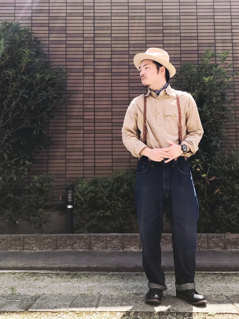 「ワーク、休日スタイル、サスペンダー、アメカジ、vintage、ハット」｜「STETSONの60s OPEN ROAD（ハット、ベージュ系）」を使った、enomonさん（メンズ・174cm）の夏コーディネートの1枚目の写真