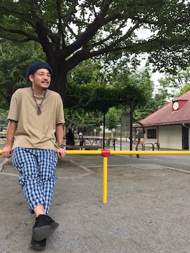 「パジャマ」｜「アイテム（ハンチング/ベレー帽）」を使った、enomonさん（メンズ・174cm）の夏コーディネート