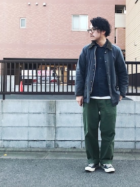 「オイルドジャケット」｜「アイテム（カバーオール）」を使った、enomonさん（メンズ・174cm）の春コーディネート