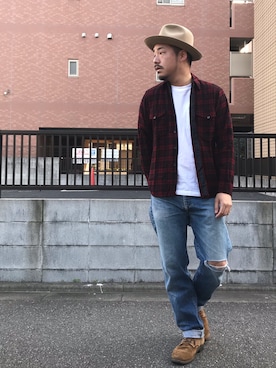「ウールシャツ」｜「アイテム（帽子）」を使った、enomonさん（メンズ・174cm）の秋コーディネート