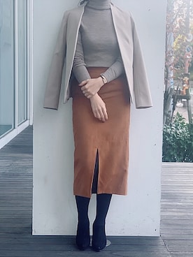 「GU（ジーユー）のアイテム（ノーカラージャケット）」を使った、TAGAWAさん（レディース・159cm）の冬コーディネート