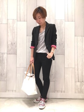 「Q（キュー）のアイテム（テーラードジャケット）」を使った、ﾏｲｺﾊﾞさん（レディース・155cm）の春コーディネート