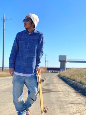 「rhcのアイテム（シャツ/ブラウス、ブルー系）」を使った、takumi070712さん（メンズ）の冬コーディネート