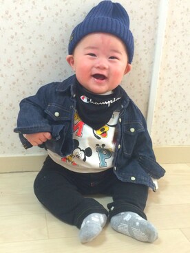 「しまむら（シマムラ）のアイテム（スタイ/よだれかけ）」を使った、⋆琉輝⋆さん（キッズ・70cm）の春コーディネート