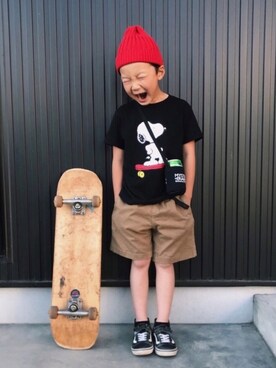「MYSTERY RANCH（ミステリーランチ）のアイテム（バッグ）」を使った、kikkiさん（キッズ・120cm）の夏コーディネート