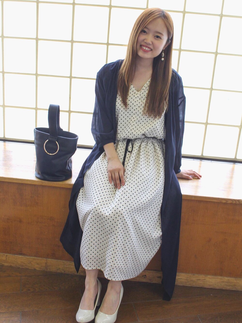 「ドット柄、ドットワンピ、ワンピース、大人カジュアル、おしゃれさんと繋がりたい、モノトーン、ロングガウン、低身長」｜「Burnerの【BURNER collection】ノースリドットプリントロングワンピース（ワンピース、ホワイト系）」を使った、Maaaaaaaaaaさん（レディース・154cm）の夏コーディネートの1枚目の写真