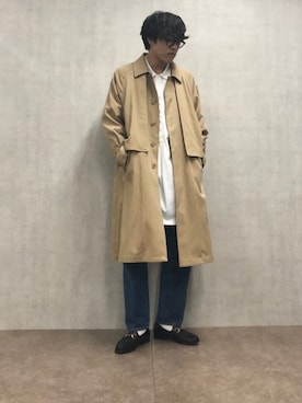 「ロングシャツ」｜「アイテム（ステンカラーコート）」を使った、SATOさん（メンズ・178cm）の冬コーディネート