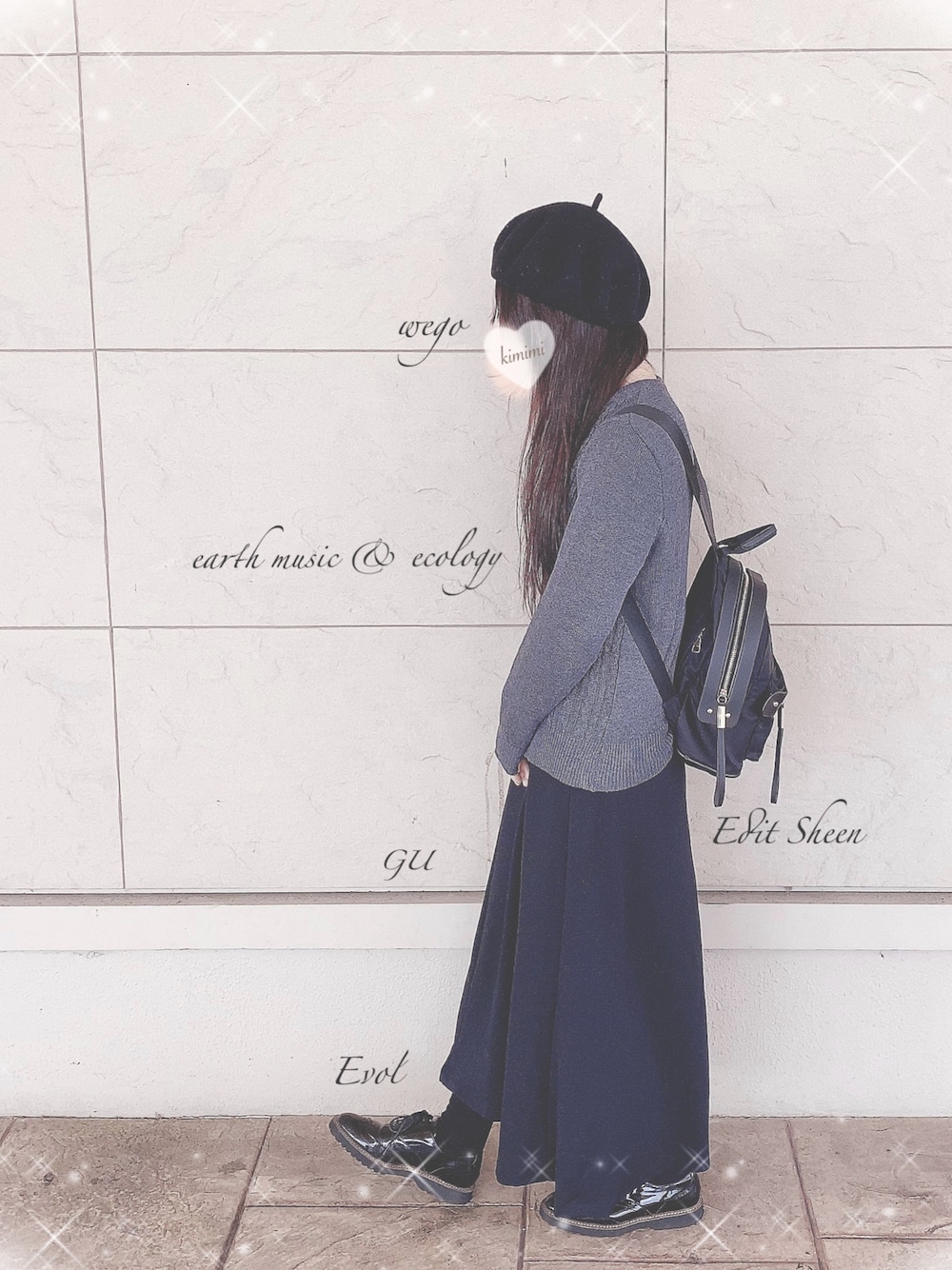 「WEGO、ベレー帽、earth music&ecology、ケーブルニット、GU、フレアロングスカート、EVOL(EVOL)、GRL、おしゃれさんと繋がりたい、低身長」｜「WEGOのウールベレー他¥990(¥295)靴下¥300(¥215)（ハンチング/ベレー帽、ブラック系）」を使った、きみみchan♡さん（レディース・152cm）の春コーディネートの1枚目の写真