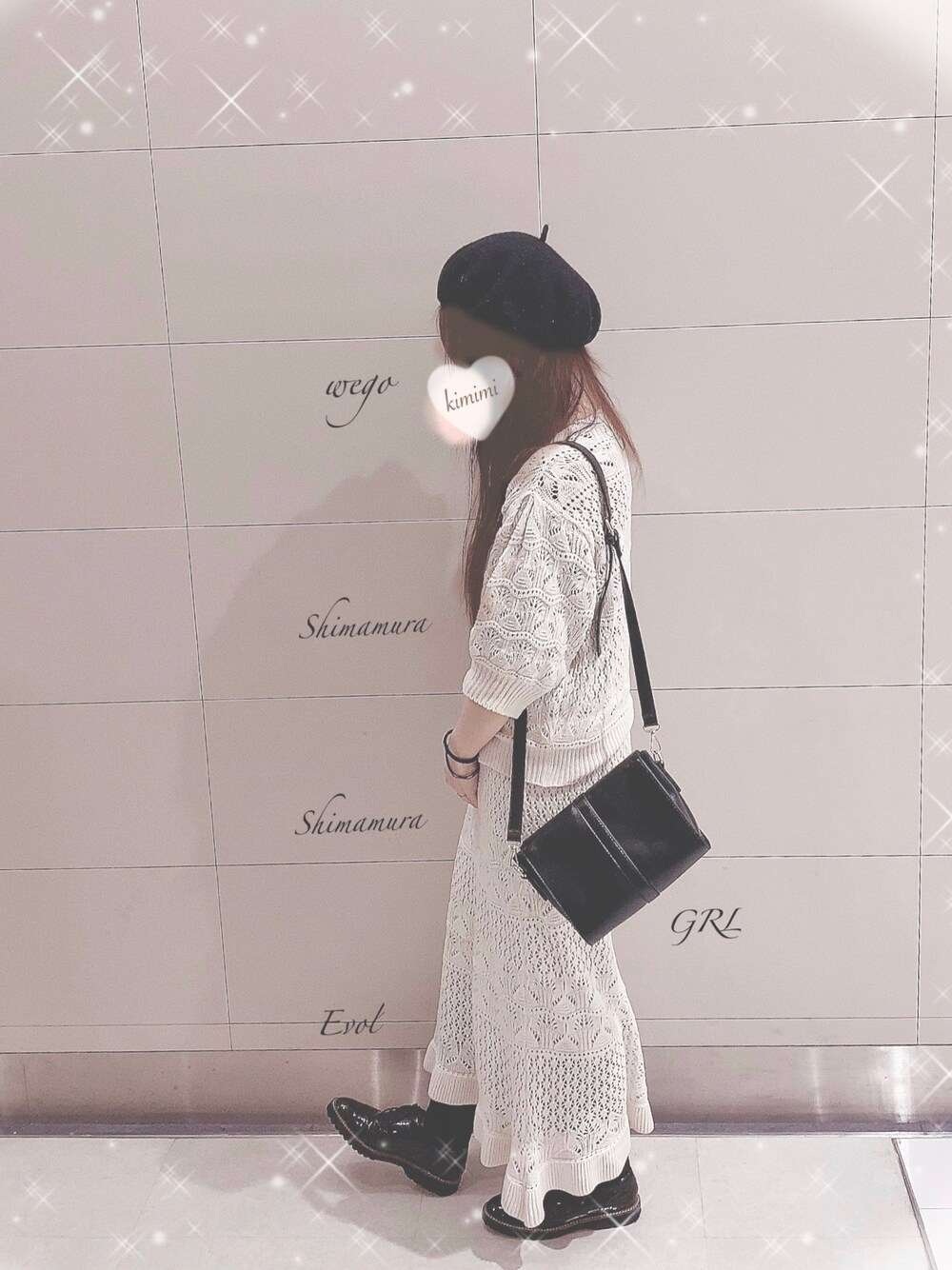 「しまむら、GRL、WEGO、EVOL(EVOL)、tutuanna、透かし編みニット、透かし編みニットセットアップ、セットアップ、低身長、おしゃれさんと繋がりたい」｜「WEGOのウールベレー他¥990(¥295)靴下¥300(¥215)（ハンチング/ベレー帽、ブラック系）」を使った、きみみchan♡さん（レディース・152cm）の春コーディネートの1枚目の写真