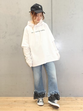 「リメイクデニム」｜「アイテム（キャップ）」を使った、ミッツ☆さん（レディース・155cm）の春コーディネート