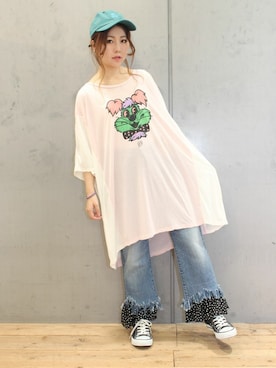 「リメイクデニム」｜「アイテム（キャップ）」を使った、ミッツ☆さん（レディース・155cm）の夏コーディネート