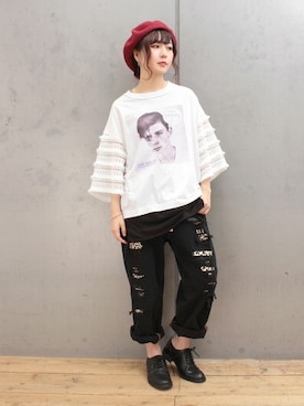 「Tシャツ×デニム」｜「アイテム（ハンチング/ベレー帽）」を使った、ミッツ☆さん（レディース・155cm）の夏コーディネート