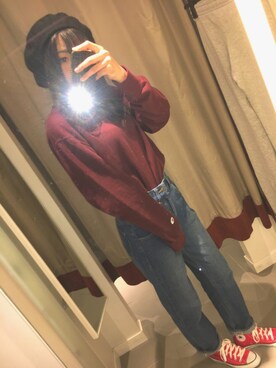 「red」｜「アイテム（ハンチング/ベレー帽）」を使った、おSANPOさん（レディース・165cm）の秋コーディネート