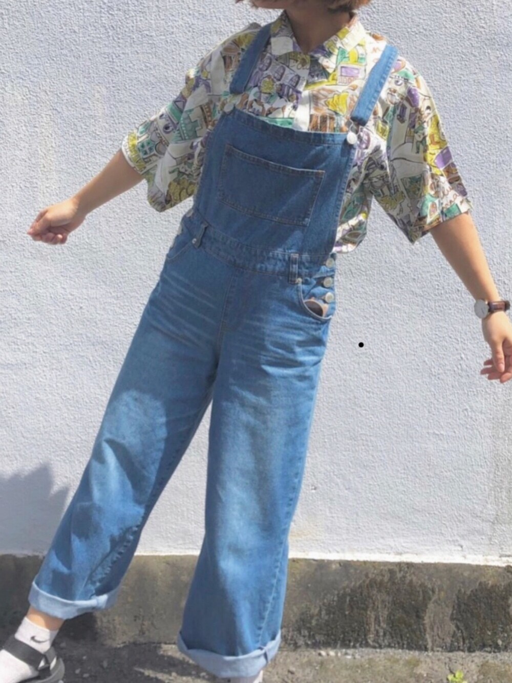 「今日のコーデ、ootd、オーバーオール、古着、古着MIX、古着コーデ、柄シャツ、春コーデ、メンズライク、春」｜「no brandのアイテム（シャツ/ブラウス、その他）」を使った、aoiさん（レディース・157cm）の春コーディネートの1枚目の写真