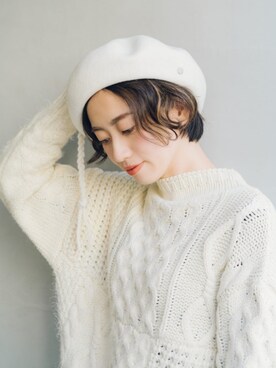 「オールホワイト」｜「アイテム（ハンチング/ベレー帽）」を使った、rninarniさん（レディース・155cm）の冬コーディネート